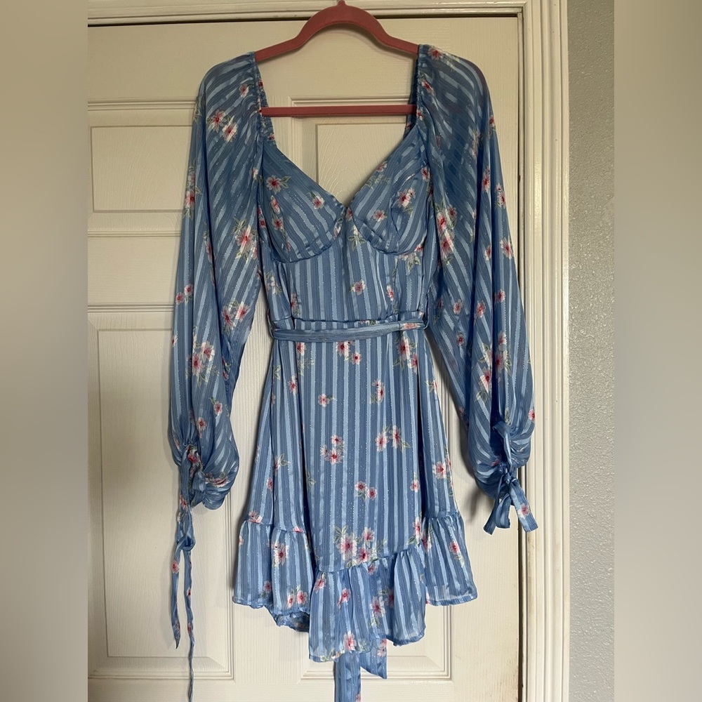 Blue and pink floral dress with sleeves